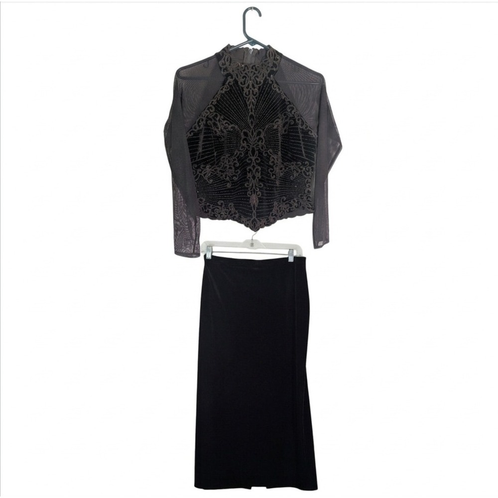 Tadashi Shoji Vintage Beaded Set Rich Brown Velvet Mock Neck Top Mesh Sleeves XL